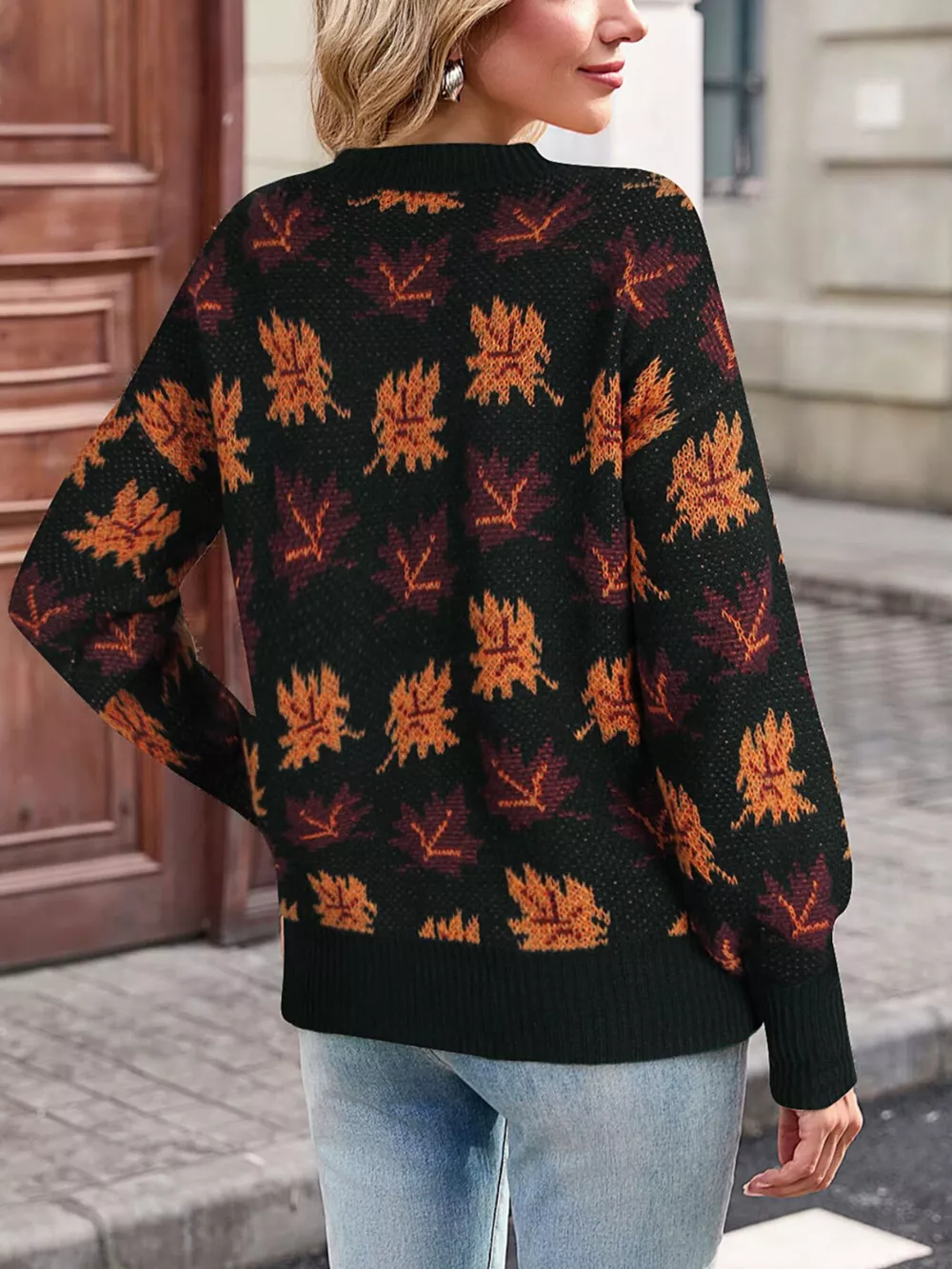 Autumn Leaf Pattern Mock Neck Sweater, image 3