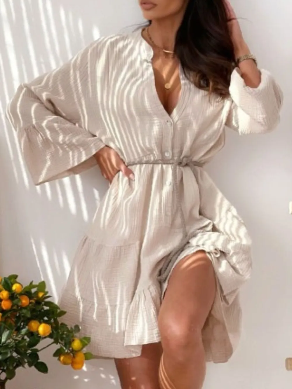 Button Detail Notched Long Sleeve Dress, image 3