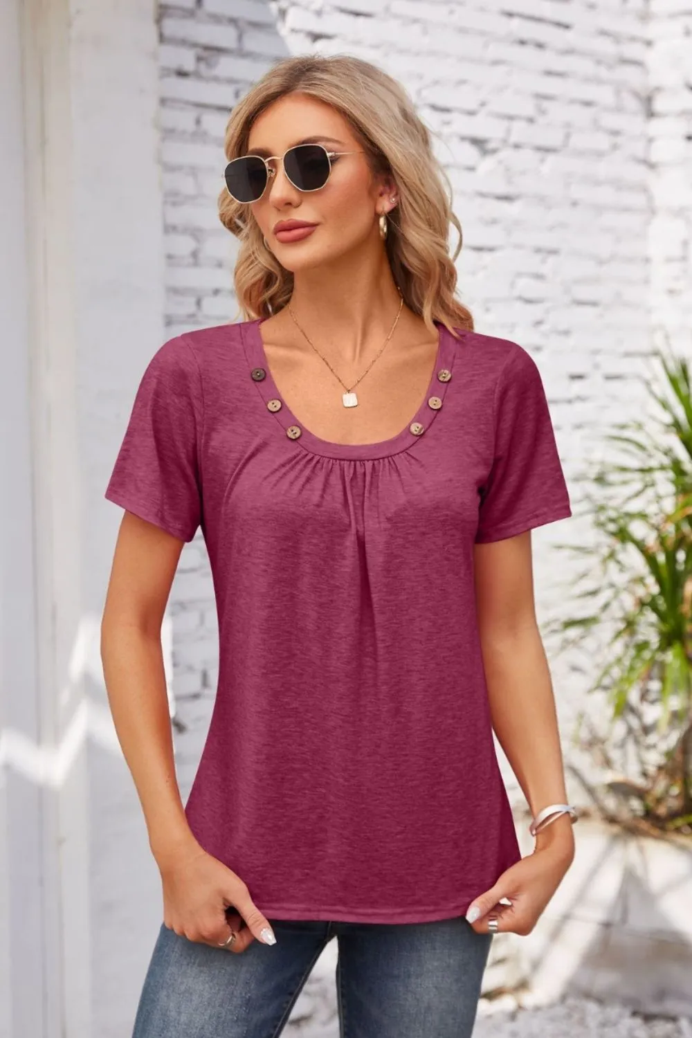 Decorative Button Scoop Neck T-Shirt, image 2