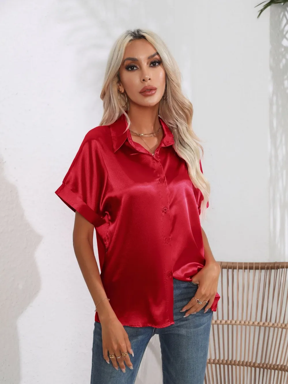 Button Down Collared Neck Short Sleeve Satin Shirt, image 32