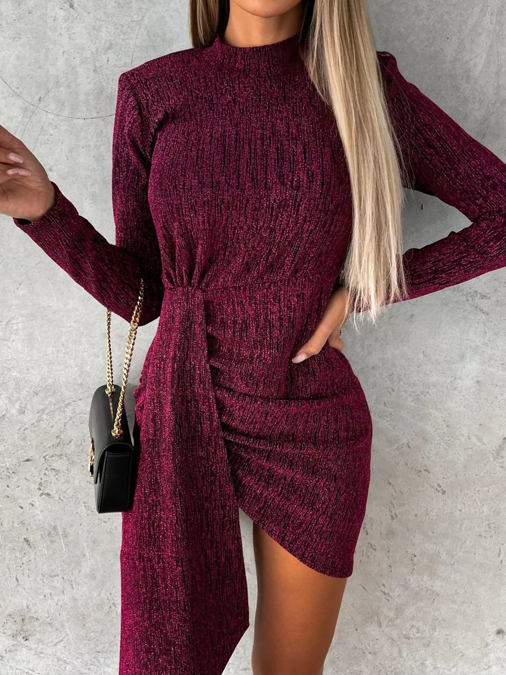 Heathered Mock Neck Long Sleeve Mini Dress, image 6