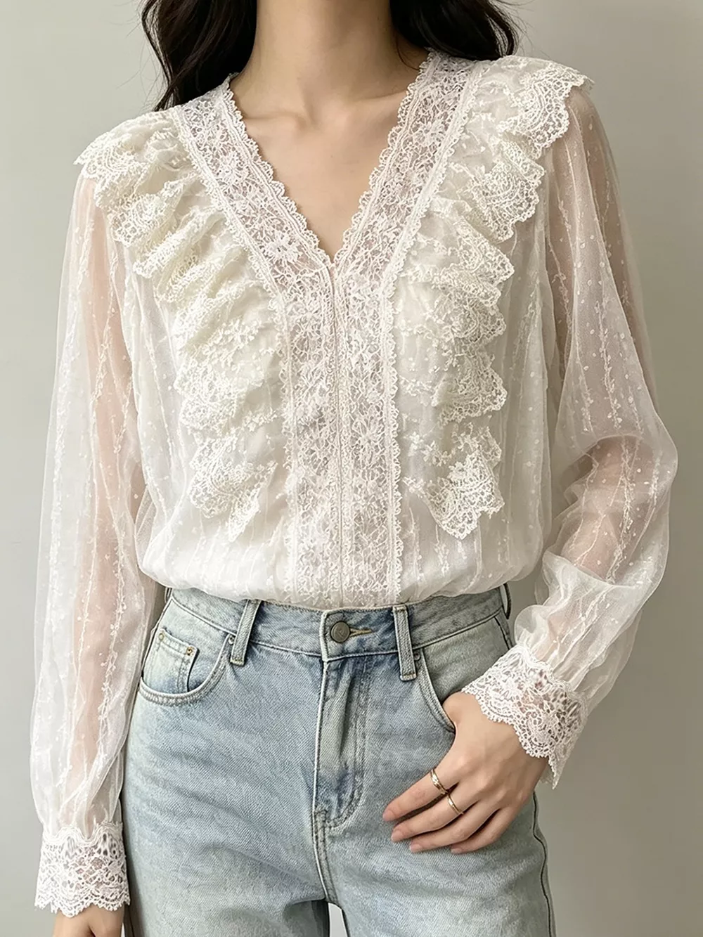 V-Neck Lace Ruffle Sheer Blouse