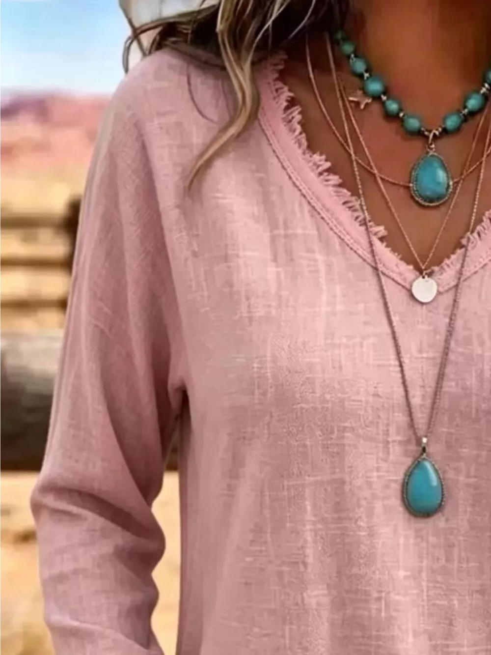 V-Neck Long Sleeve Blouse with Frayed Hem Detail, image 19