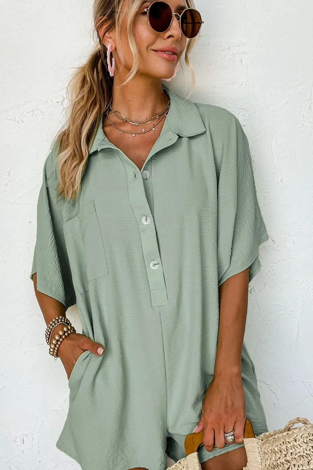 Half Button Collared Neck Romper, image 2