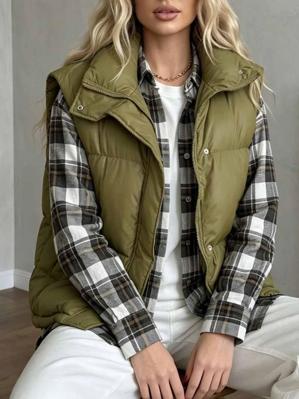 Snap-Button Placket Quilted Puffer Vest Coat, image 13