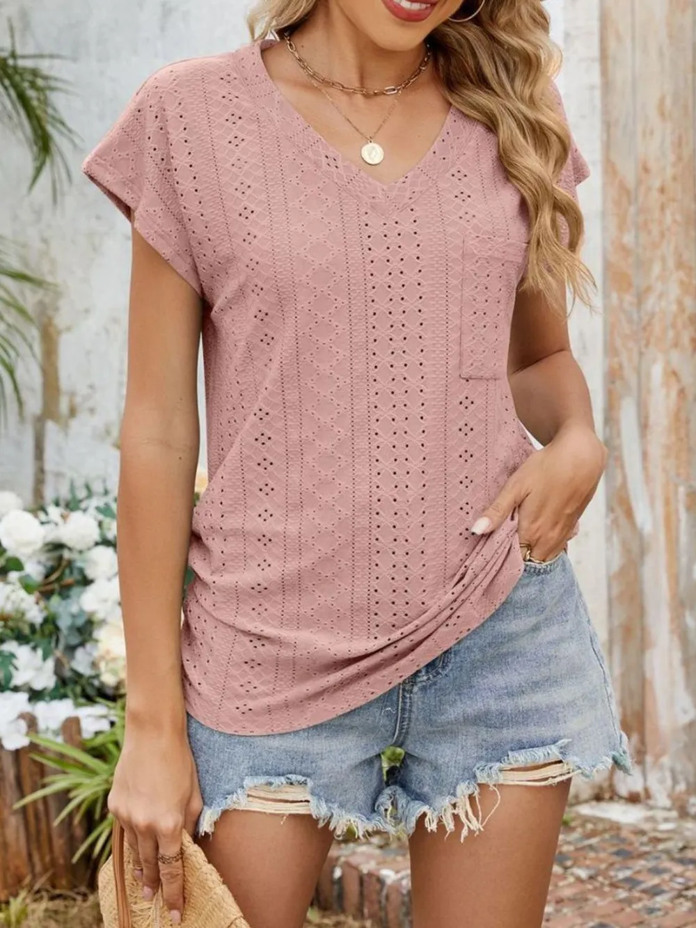 Eyelet V-Neck Short Sleeve Top, image 2