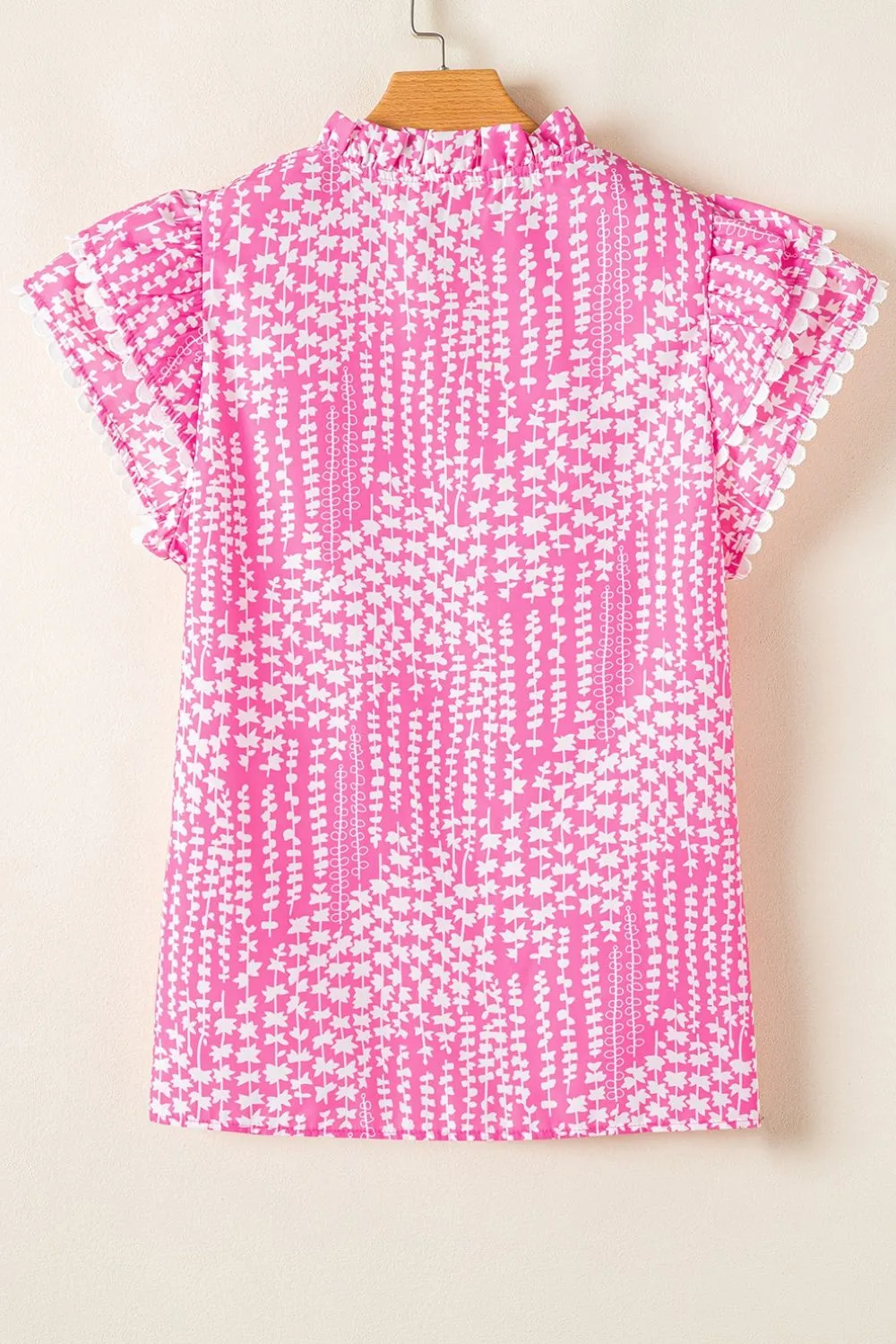 Abstract Print Ric Rac Trim Flutter Sleeve Notched Blouse, image 2