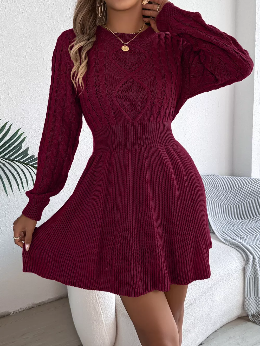 Cable Knit Long Sleeve Sweater Dress, image 2