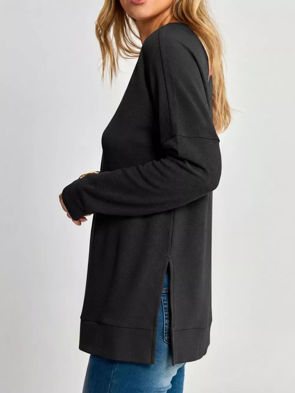 Side Slit Waffle Knit V-Neck T-Shirt, image 3