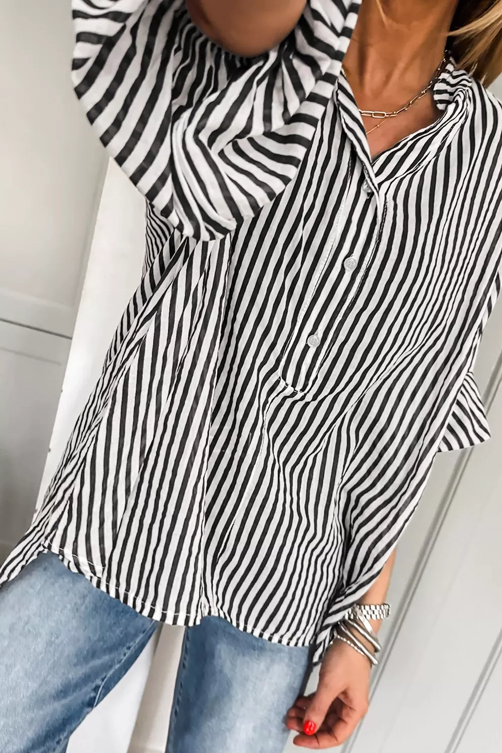 Striped Half Sleeve Button-Up Shirt, image 2