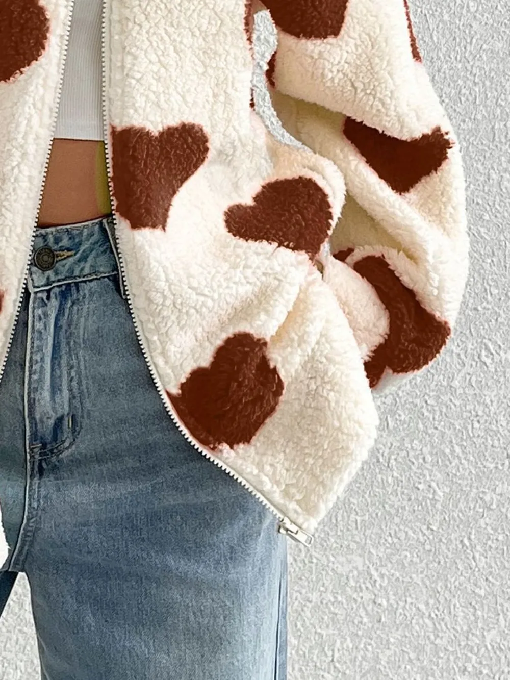Heart Zip Up Drop Shoulder Furry Jacket, image 2