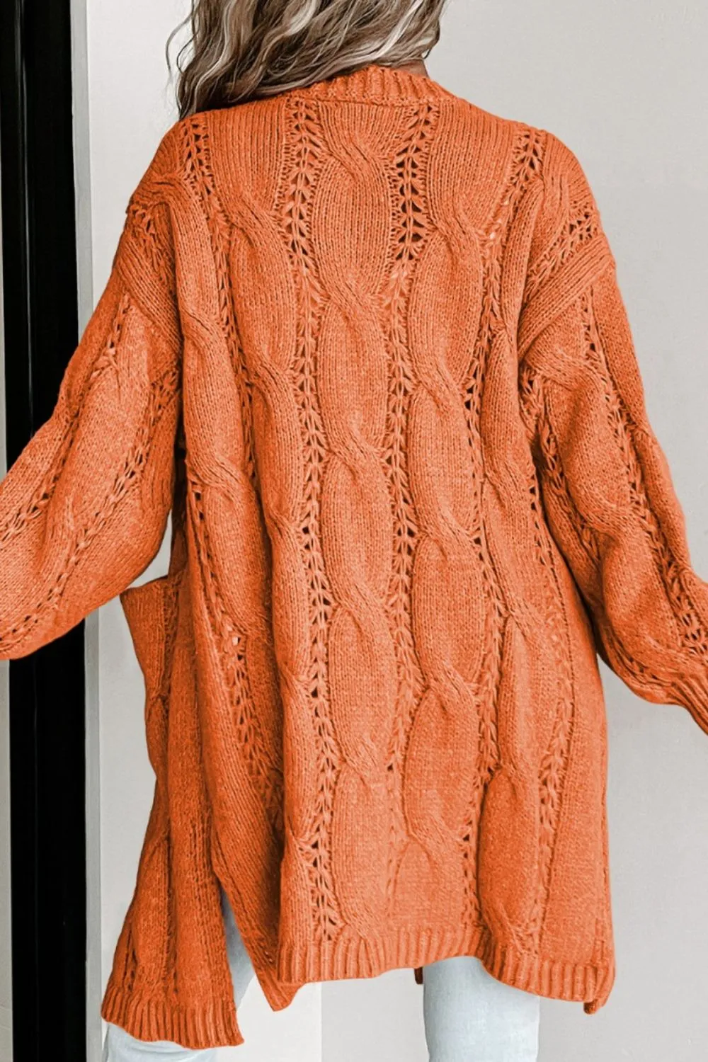 Cable-Knit Dropped Shoulder Slit Cardigan, image 12