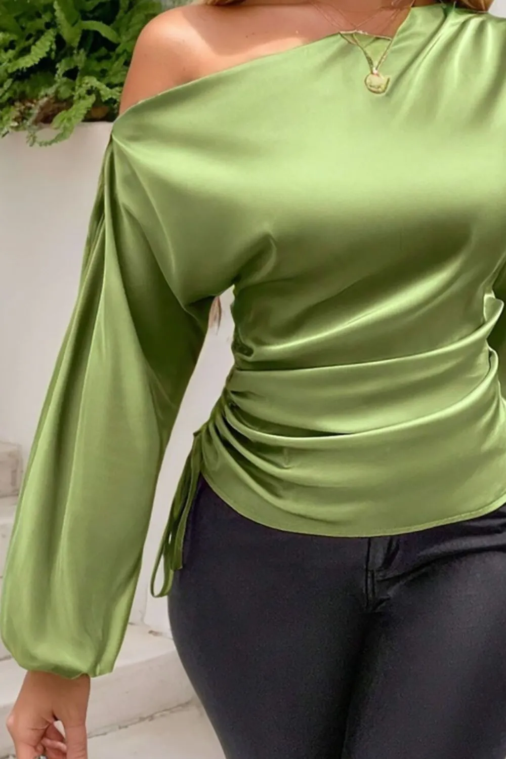 Drawstring One Shoulder Long Sleeve Blouse, image 11