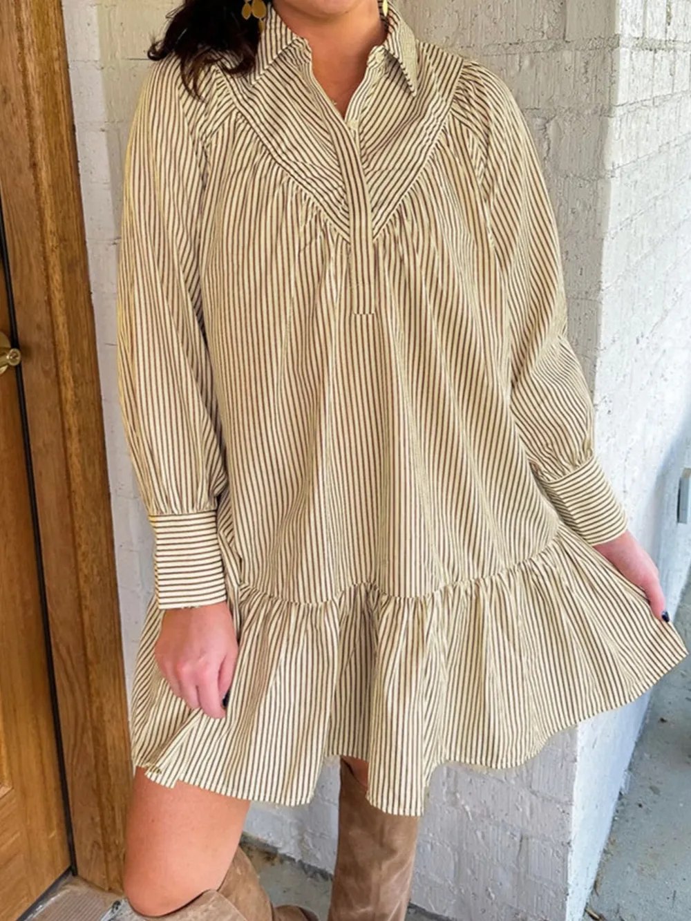 Stripe Collared Neck Cuffed Long Sleeve Drop Waist Mini Dress, image 2