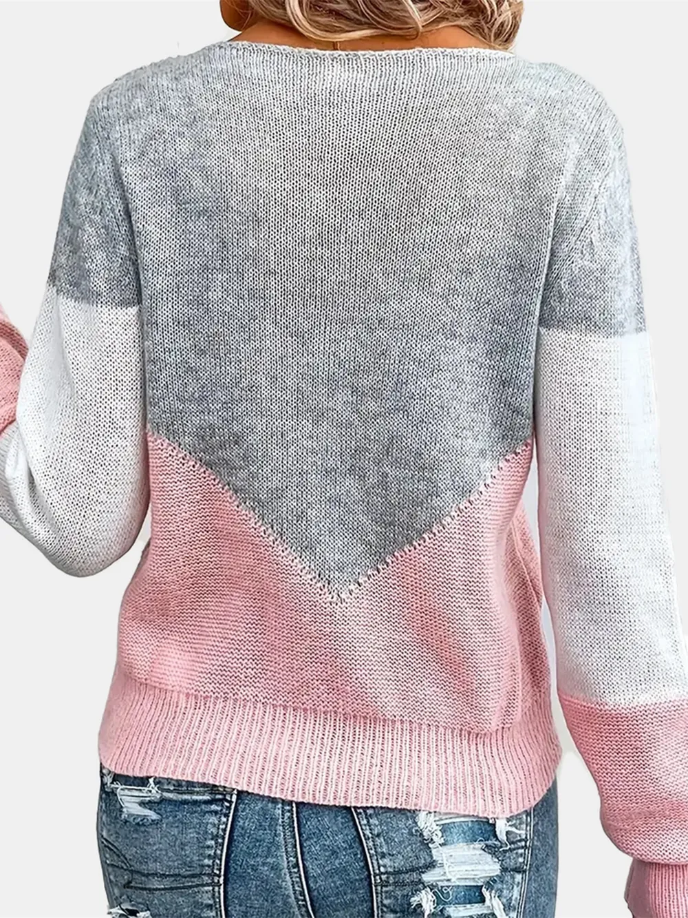 Openwork Contrast Round Neck Long Sleeve Knit Top, image 2