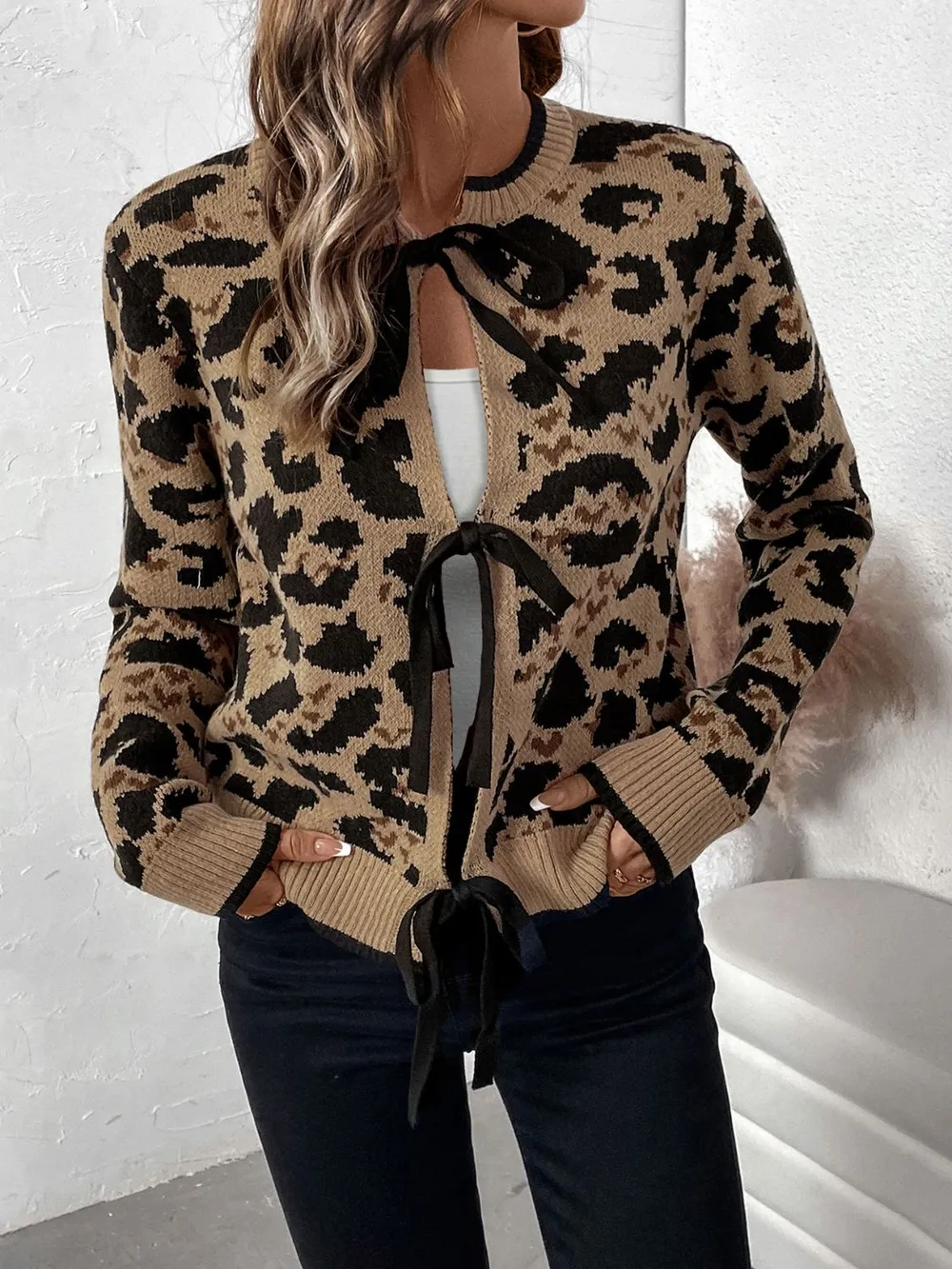 Tied Leopard Long Sleeve Cardigan, image 2
