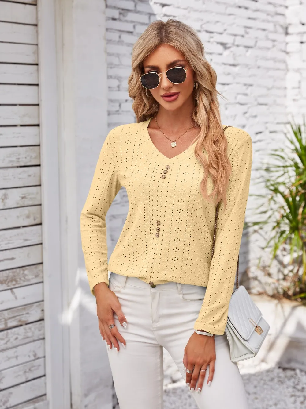 Decorative Button Openwork V-Neck T-Shirt, image 11