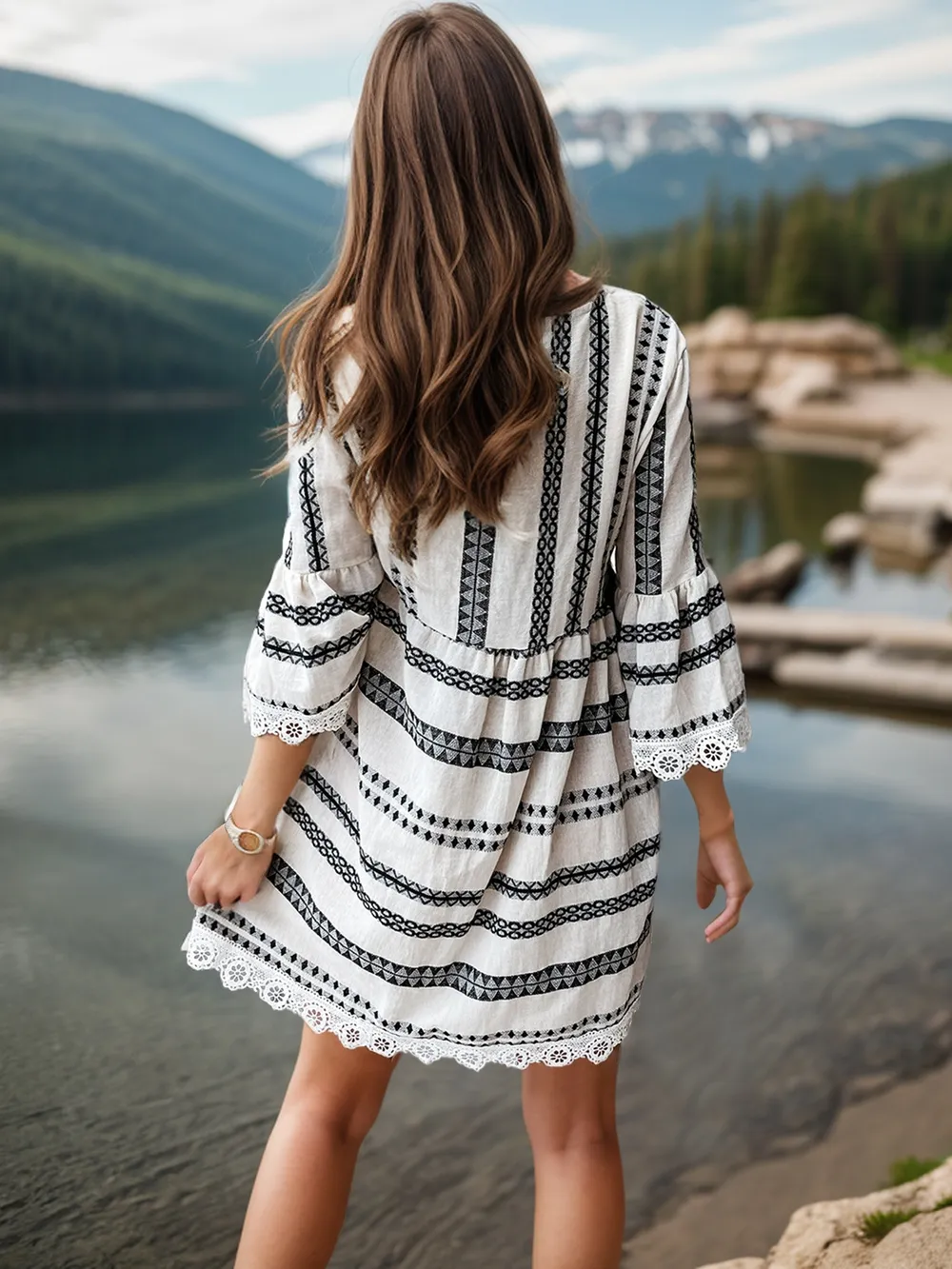 Lace Detail Printed Three-Quarter Sleeve Dress, image 3