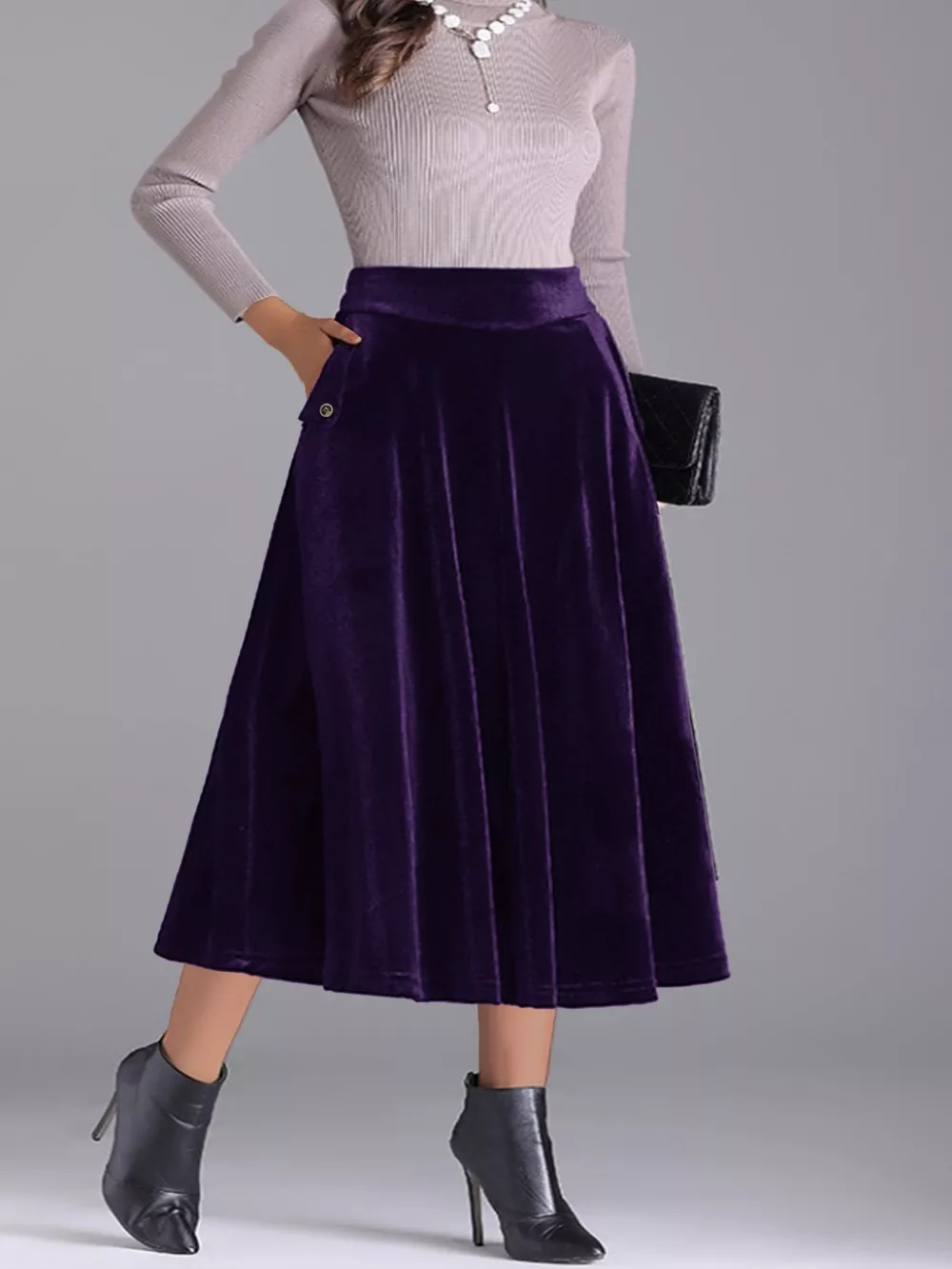 Plus Size Elegant Velvet A-Line Midi Skirt, image 15