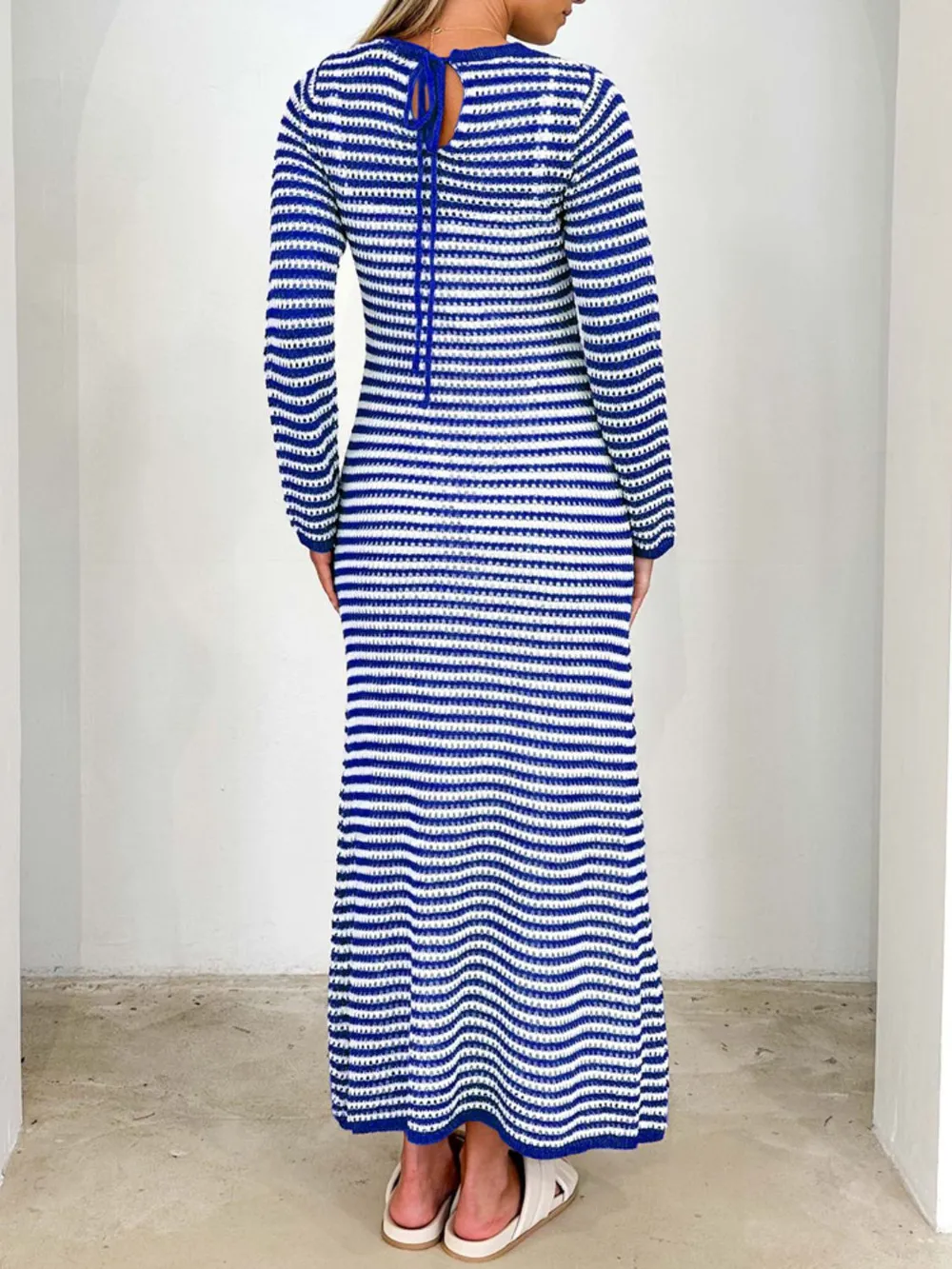Tied Round Neck Striped Sweater Dress, image 10