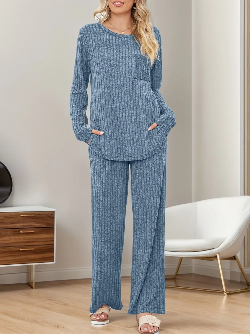 Round Neck Long Sleeve Top and Pants Set, image 11