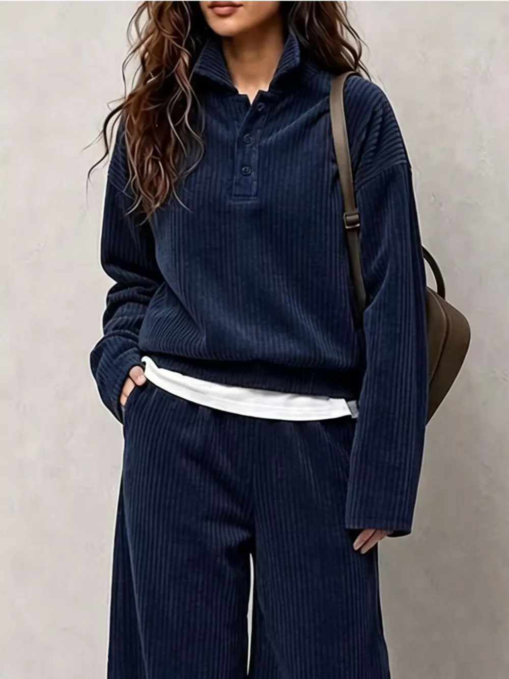 Corduroy Button Detail Top and Wide-Leg Pants Set, image 14