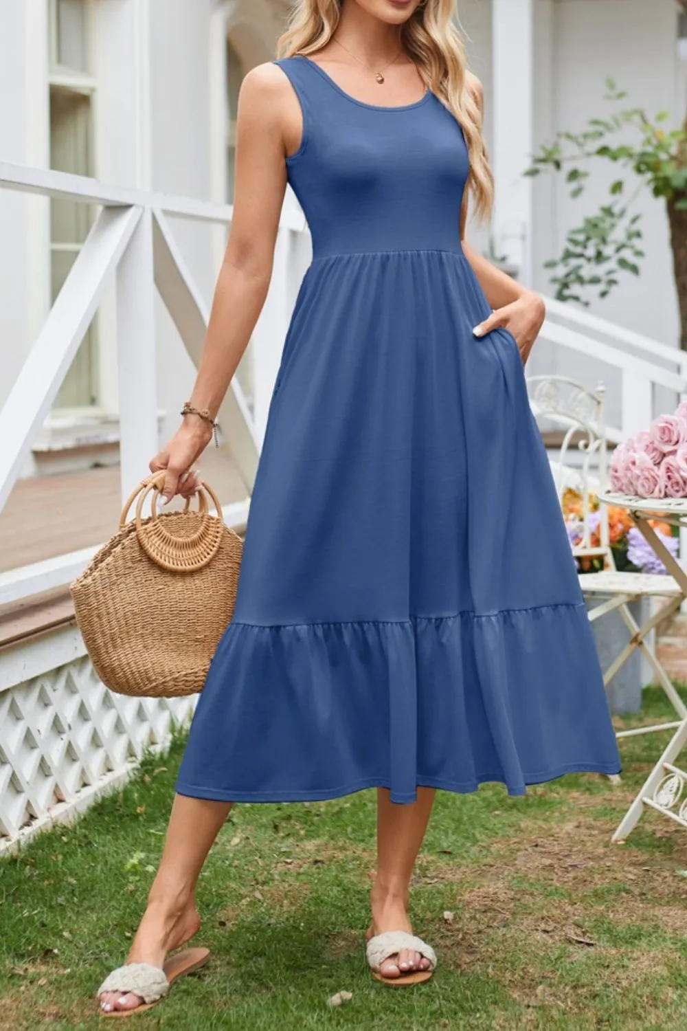 Round Neck Wide Strap Tank Dress, image 2