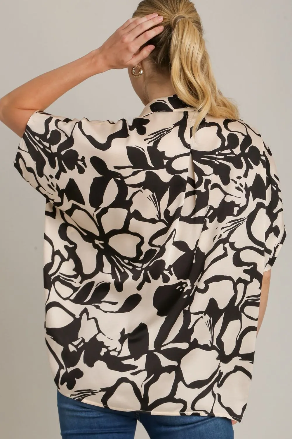 Full Size Two Tone Print Button Down Top with Hidden Plackets Plus Size, image 3