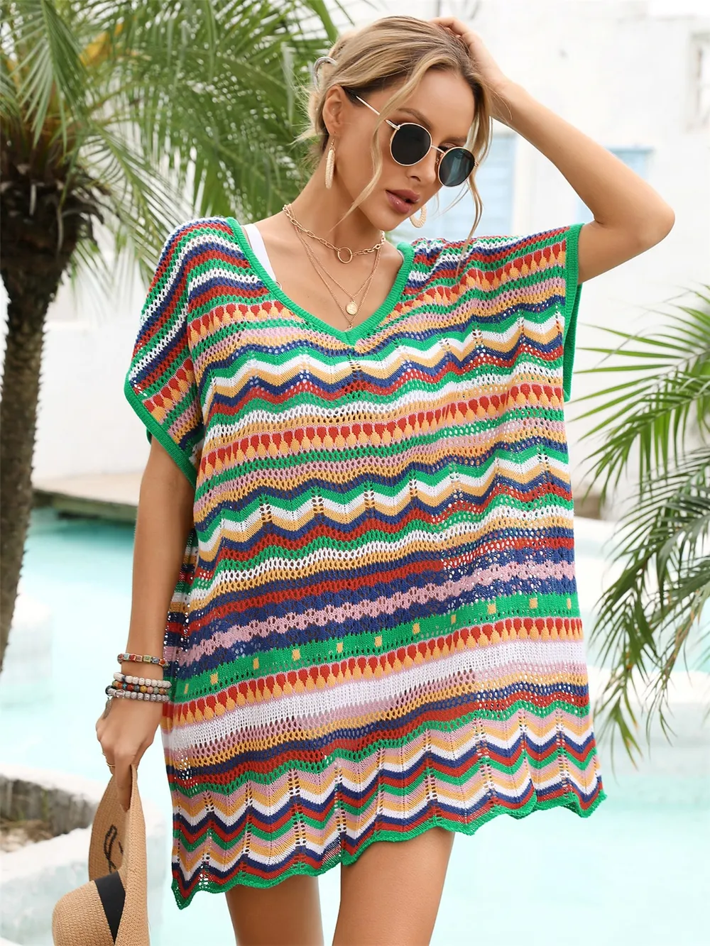 Rainbow Stripe Scalloped V-Neck Cover-Up Dress, image 20
