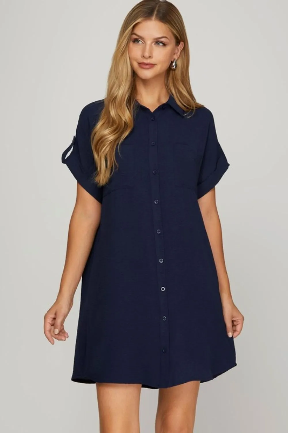 Full Size Button Down Short Sleeve Woven Shirt Dress Plus Size
