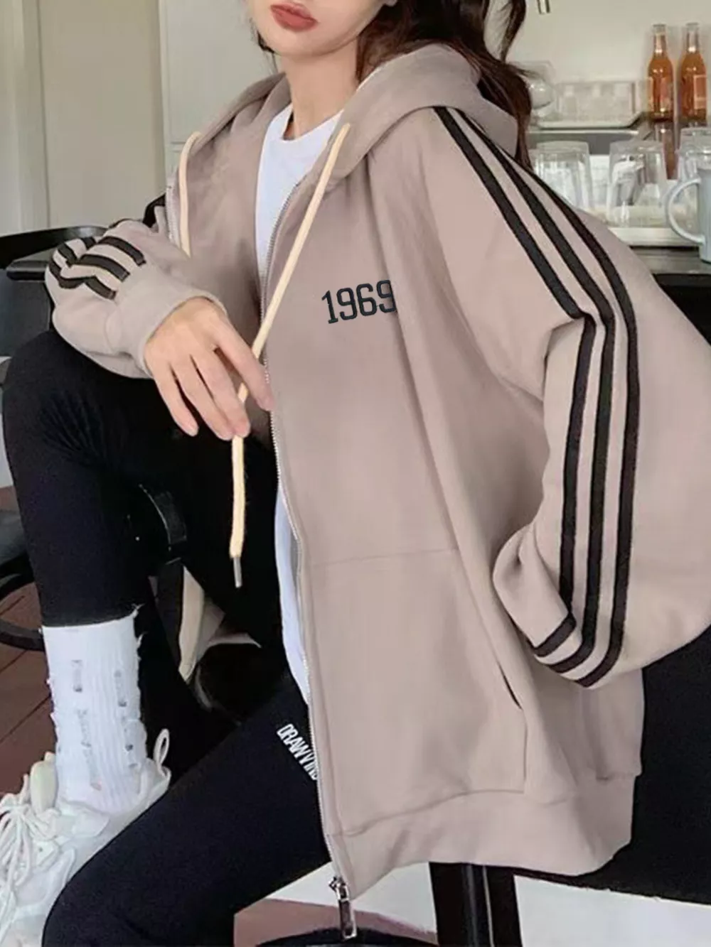 Striped Sleeve Zip-Up Hoodie, image 2
