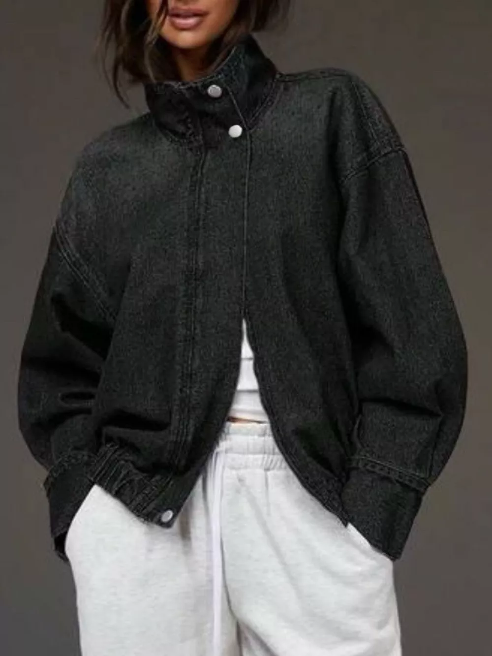 Stand-Collar Zip-Up Denim Jacket, image 4