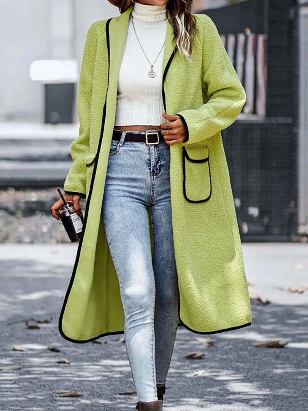 Full Size Contrast Trim Long Sleeve Coat with Pockets, image 13