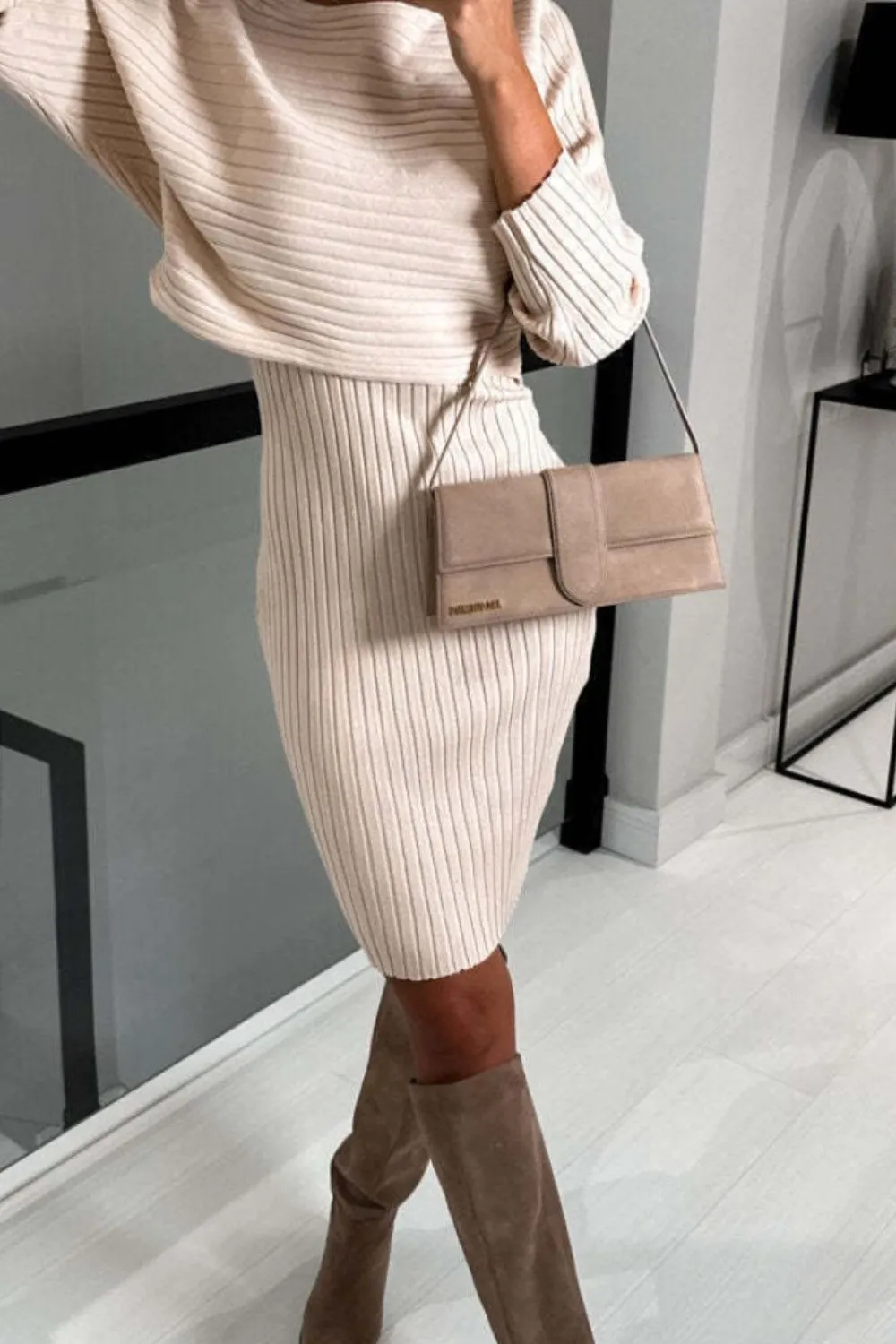 Ribbed Round Neck Top and Cami Dress Sweater Set, image 11
