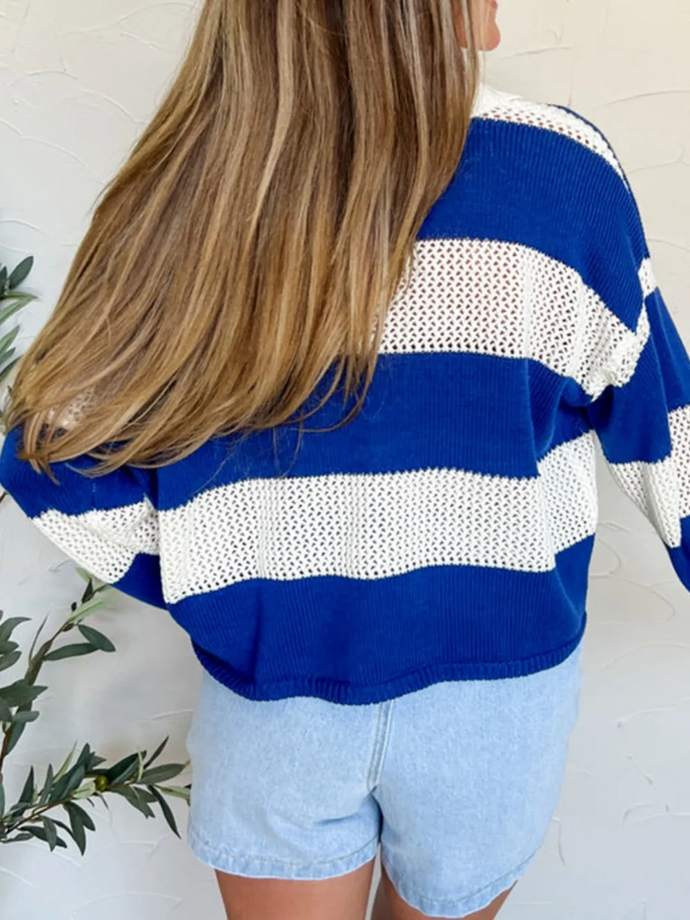 Stripe Colorblock Polo Collar Crochet Knitted Cover Up, image 2