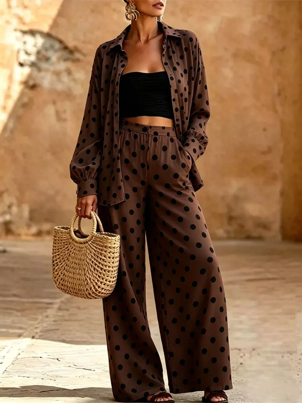 Full Size Polka Dot Shirt and Wide-Leg Pants Set Plus Size, image 5