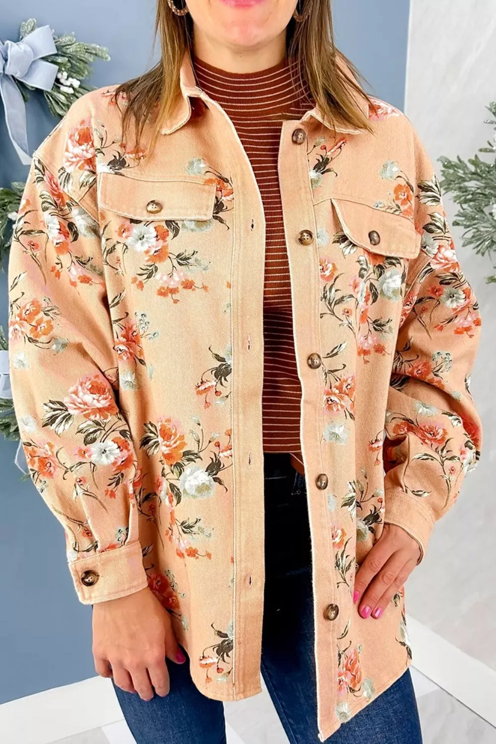Floral Print Long Sleeve Denim Jacket, image 5