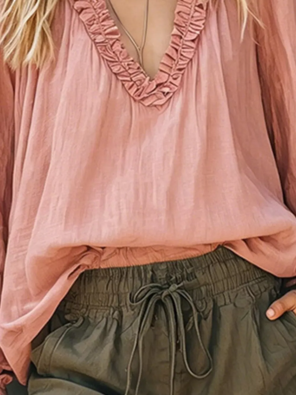 Frill V-Neck Long Sleeve Blouse, image 5