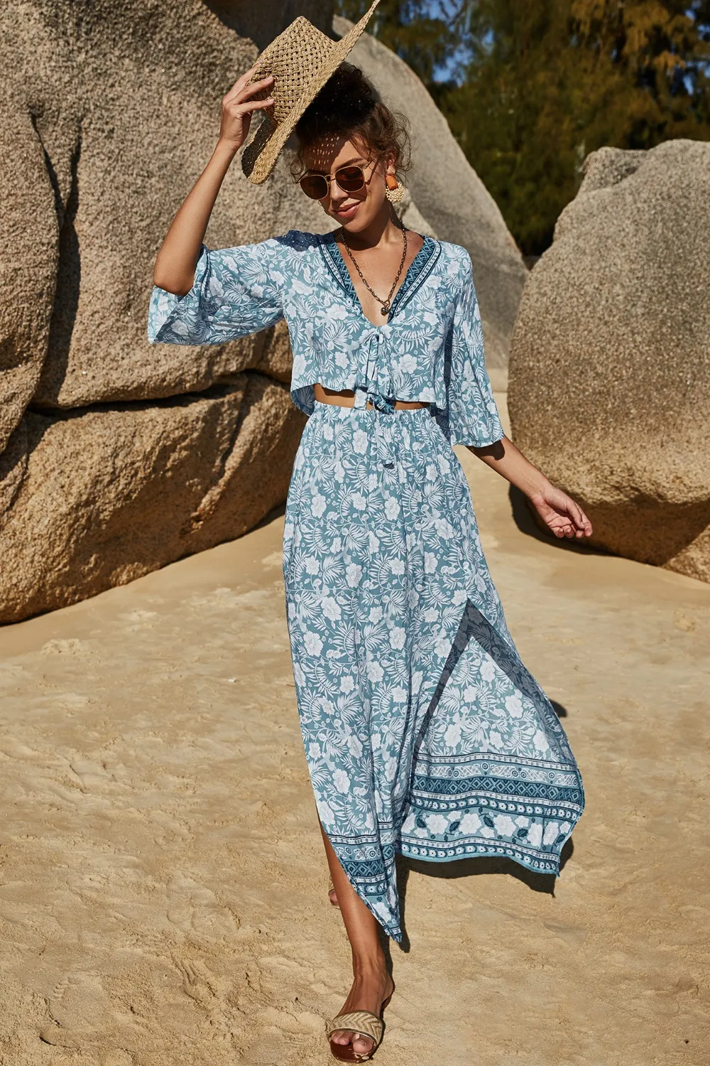 Printed Half Sleeve Top and Slit Skirt Set, image 21