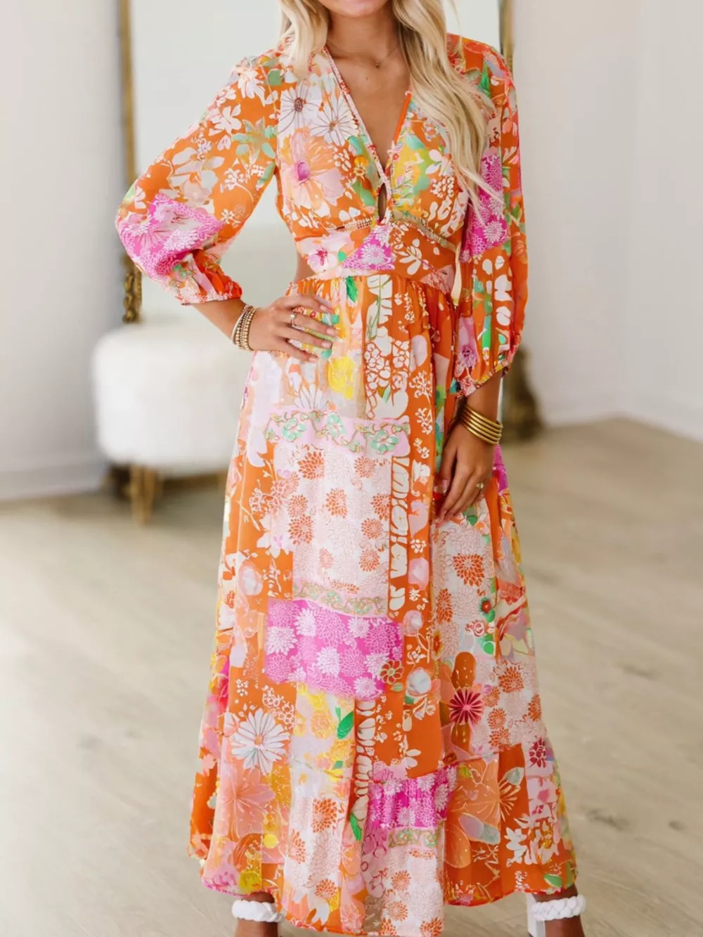 Vibrant Floral Long Sleeve Dress with Lace-Up Back