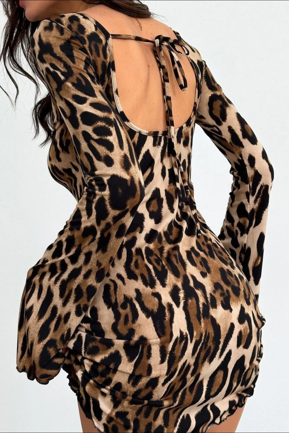 Backless Leopard Long Sleeve Mini Dress, image 5