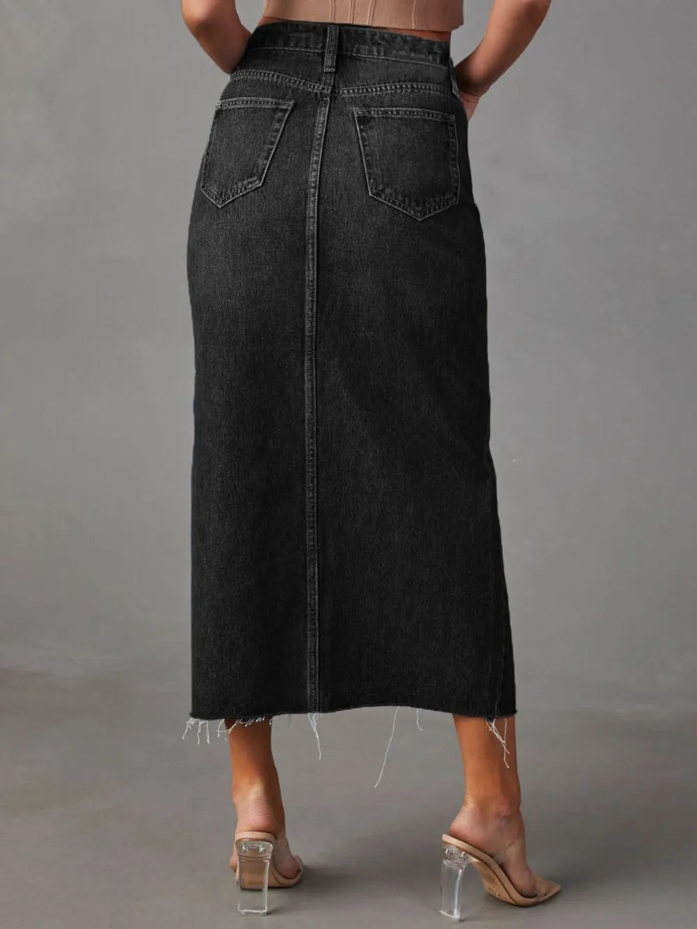 Raw Hem Front Slit Denim Midi Skirt, image 10