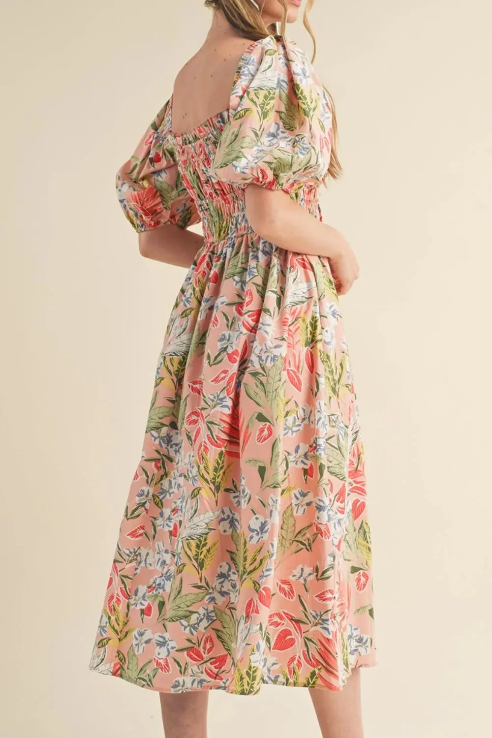 Floral Smocked Square Neck Puff Short Sleeve Midi Dress, image 2