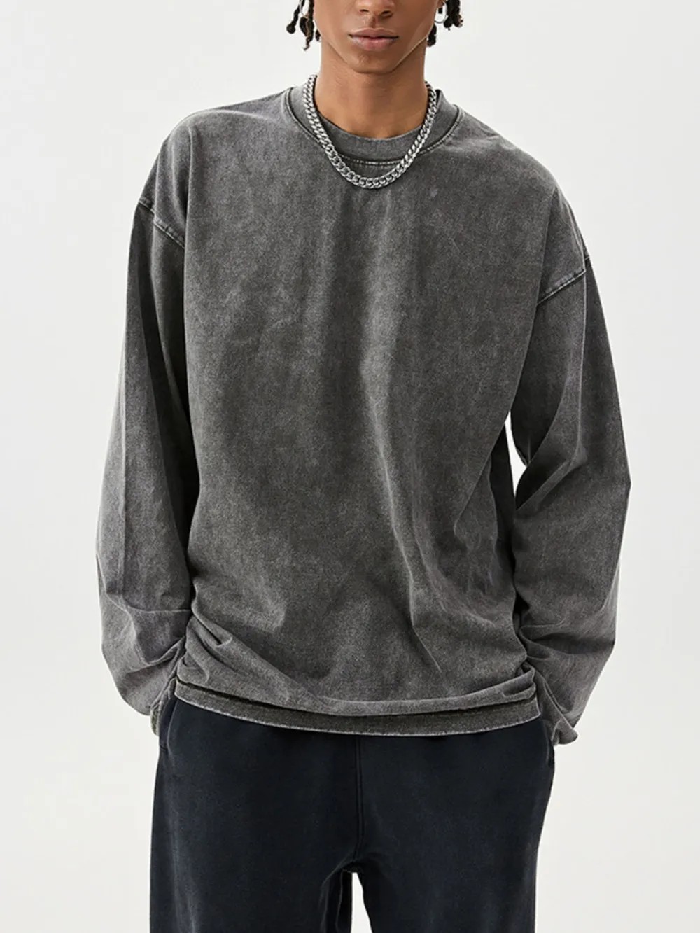 Men's Washed Round Neck Long Sleeve T-Shirt, image 6