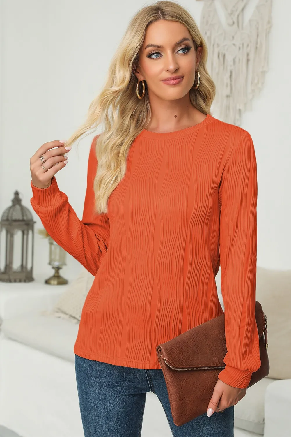 Textured Round Neck Long Sleeve Blouse, image 2