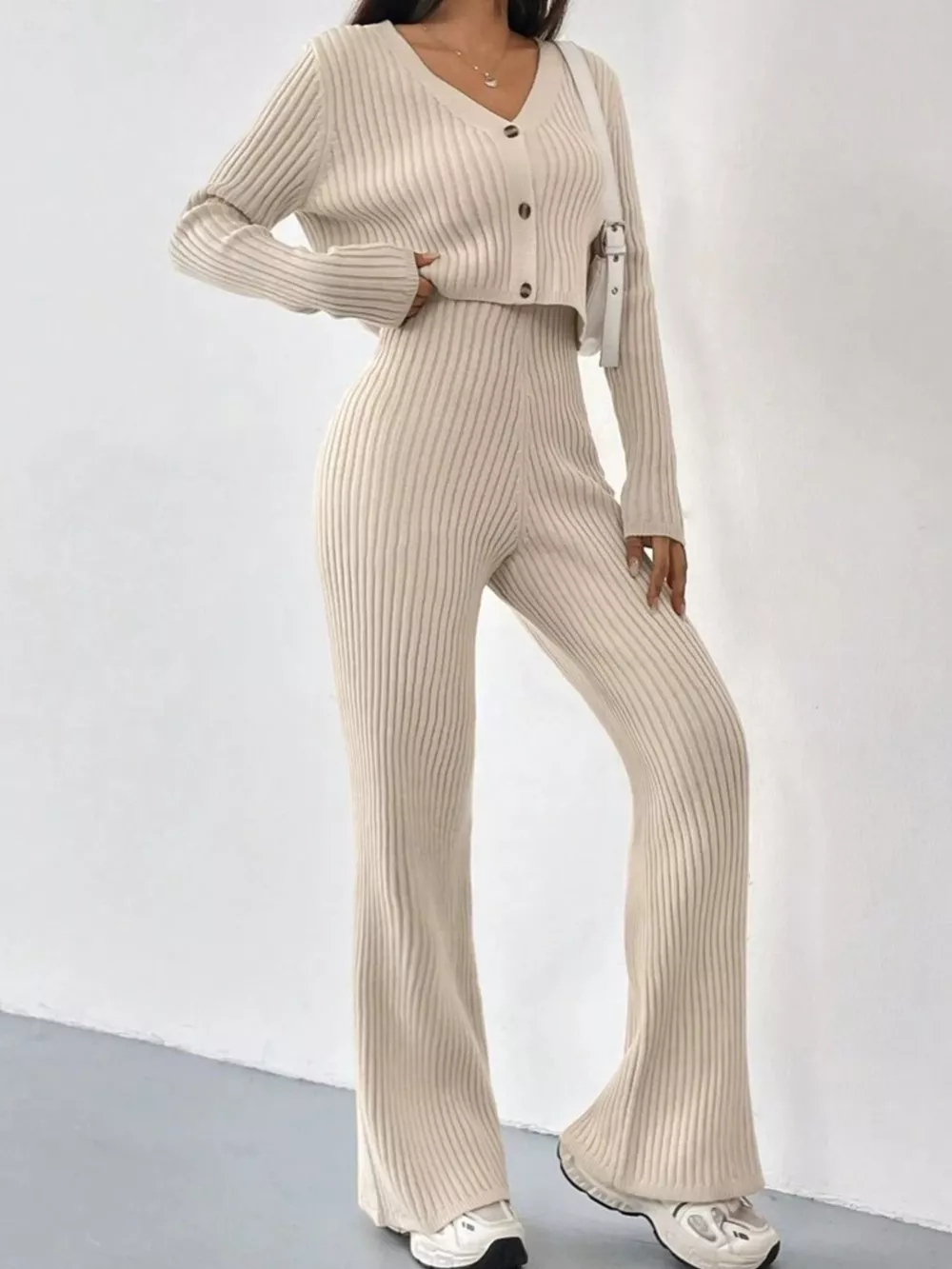 Ribbed Knit Button Up Top and Pants Set, image 4