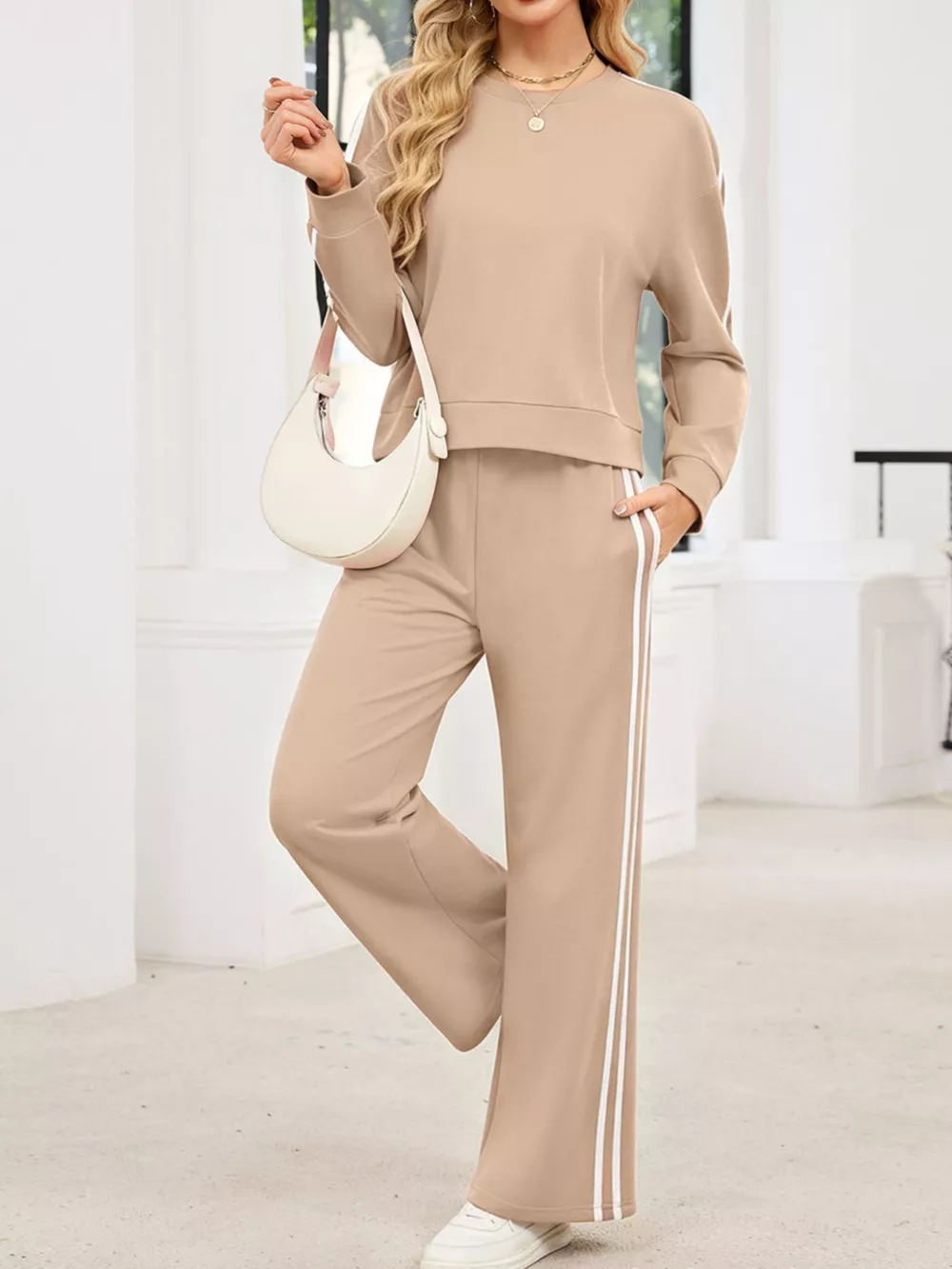 Striped Round Neck Sweatshirt and Pants Set