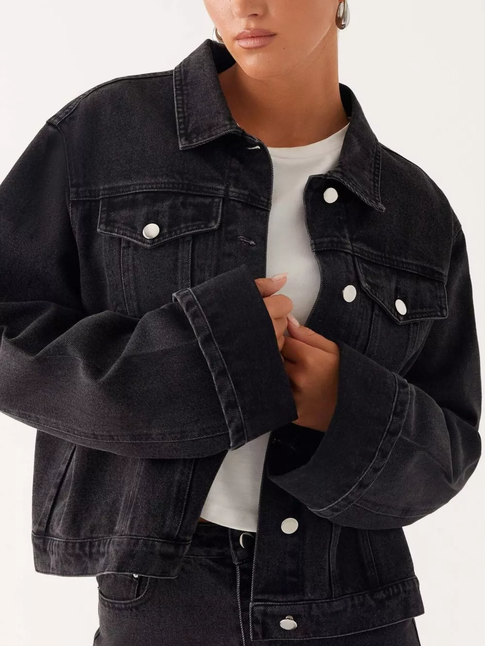 Button Down Cropped Oversized Denim Jacket