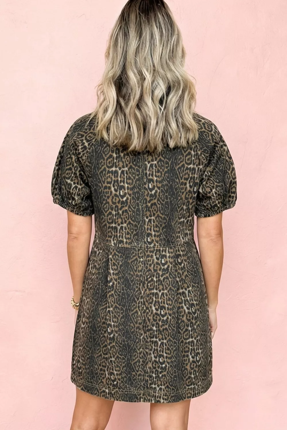 Leopard Print Puff Sleeve Denim Dress, image 2