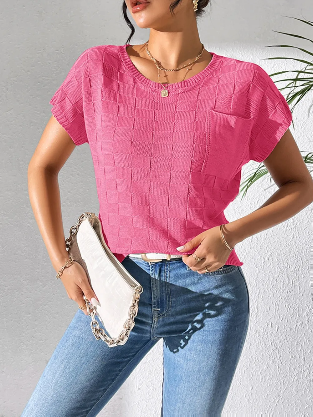 Round Neck Short Sleeve Knit Top, image 7